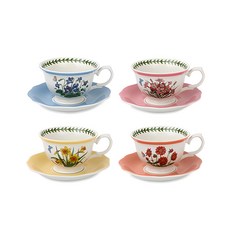 PORTmeIRION 波特玫琳恩 花朵圖案咖啡杯 4款+杯盤 4件組 HMB, 香菫花+石竹花+黃水仙+大理花, 1組