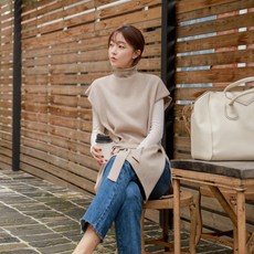 여자 베이지 민소매 터들넥 울니트 허리끈 겨울원피스