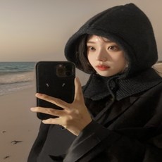 셀라엘 여성 니트 바라클라바 후드 넥워머 방한, 블랙, 1개