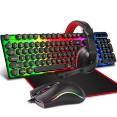 게임 키보드 및 마우스 및 마우스 패드 및 게임 헤드셋 유선 LED RGB 백라이트 번들 PC 게이머 작업 연구 4 In 1, 검은색