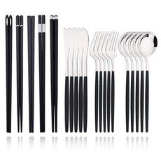 블랙 골드 한국 식기 세트 고급 커트레이 스테인레스 스틸 나이프 포크 스푼 젓가락 15-20, 20Pcs Black Silver, 1개