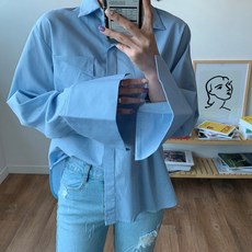 웨이주머니폴딩 스트라이프 빅커프스 여성 루즈핏남방 (블루 베이지 노랑)F200409P011