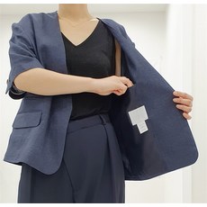 [라넌샵] 여성 오버핏 린넨 노카라 반팔 자켓