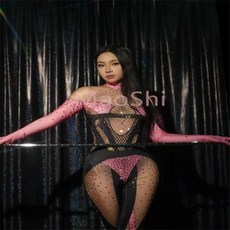 여성용 반짝이는 라인석 신축성 점프수트 긴팔 장갑 공연 댄스 코스튬 파티 생일 의상 무대 착용