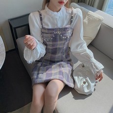 고고바이히어로 스탠딩카라 페플럼 아방가르드한디자인 체크무늬 구슬 체인 끈나시 점프슈트 캐쥬얼 패션