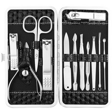 Yougai Manicure Set Professional Nail Clippers Set Yougai 매니큐어 세트 전문 손톱깎이 세트 12Pcs 매니큐어 키트 여성용 스테인레, 검은색, 1개