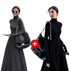 1+1 여성 슬림핏 폴라넥 주름 셔링 롱 원피스 2장 한세트
