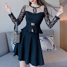 히또리 HI1274 해바라기 티 시스루 블라우스 + 플레어 스커트 세트