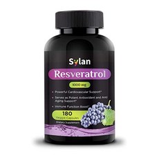 Sylan 트랜스 레스베라트롤 1000Mg 180 캡슐 항산화 노화 방지 보충제는 심장 건강을 지원 자연적인 체중 감소 관절 뇌 기능 및 면역 체계 건강 채식 Non Gmo Made In Usa, 1개, 1개