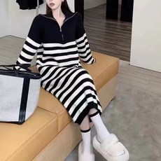 봄 가을 여성 루즈핏 빅카라 스트라이프 니트 원피스 데일리 캐주얼 부드러운 니트 원피스