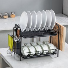 식기건조대 주방 캐비닛 그릇걸이 물빠짐 가정용품 3층 놓기 접시받침 그릇과수저 수납케이스, T01-2단 도마대 슈트(블랙)