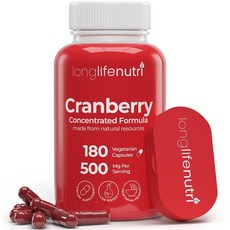 LongLifeNutri 크랜베리 50:1 추출물 25000mg 비타민 C 및 E 함유 - 순수 농축 포뮬러 180 채식주의자 캡슐 요로 건강 방광 6개월 분량 미국 제조, 180정, 1개