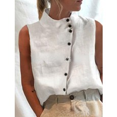 세련된 코튼 린넨 튜닉 빈티지 민소매 화이트 블라우스 여성 캐주얼 조끼 탑 패션 우아한 여성 여름 셔츠