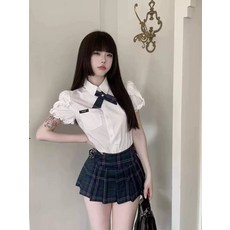 대학 스타일 정장 미국 유니폼 2023 여름 달콤하고 매운 가리 스타일 반팔 셔츠 체크 무늬 스커트 투피스 세트