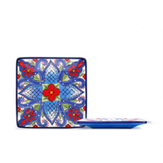 보헤미안 손으로 그린 레드 블루 블루 보카 시리즈 세라믹 식기 디너 플레이트 세트, SQUARE, 9 inch+1pcs