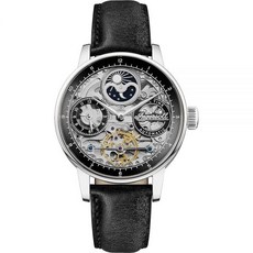 Ingersoll The Jazz 남성용 42mm 오토매틱 문페이즈 시계 스켈레톤 다이얼 및 블랙/브라운 천연 가죽 스트랩 포함 블랙/실버 리본