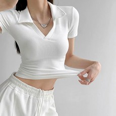 여성 여름 캐주얼 슬림핏 카라넥 반팔 스판 티셔츠 CH-64