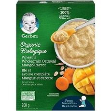 (캐나다 직송) 거버 오가닉 시리얼 208g 6개 GERBER Organic Cereal Wheat Wholegrain Oatmeal with Mango Carrot, 망고 당근을 곁들인 오트밀