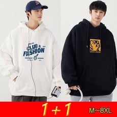 1+1 남성 오버핏 후드 맨투맨 긴팔 티셔츠 캐주얼 데일리 긴팔티 봄가을 빅사이즈M~8XL