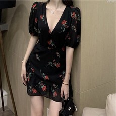VSYOY 프렌치 섹시 브이넥 플라워 원피스