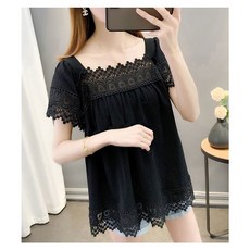 여름 데일리룩 루즈핏 반팔 펀칭 레이스 블라우 티셔츠