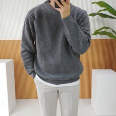 로니제이 남자 가을 겨울 오버핏 램스울 헤비 와플 라운드 무지 니트