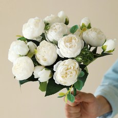 화예원 생화같은 리얼 작약 성묘 조화 꽃다발 셀프 웨딩 촬영 소품 부케 부쉬, 화이트, 2개