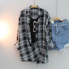 피크닉 체크 롱 셔츠 빅사이즈 오버핏 카라셔츠 롱셔츠 긴팔