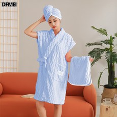 DFMEI 구름 융 벨티드 목욕 스커트 3종 세트 경편 코랄 융 가정용 랩 가운형 여름 목욕 큰 타월, 하늘빛, 타월35*75cm