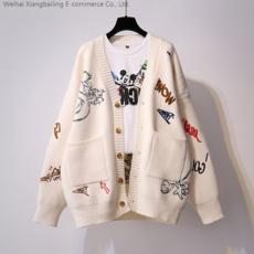 [XiangBaiLing해외구매대행] 중간 길이 스웨터 카디건 재킷 2020 가을 신제품 한국어 버전 느슨한 학생 자수 만화 자수 스웨터