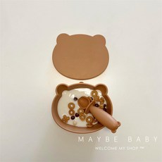 아기 이유식 곰 모양 흡착 용기 스푼 접시 3종 세트 3pcs 아기식판 실리콘, 3종세트(브라운), 1개