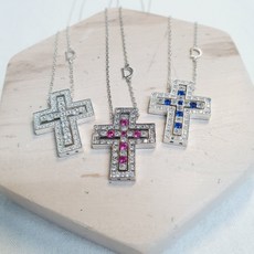 925실버 십자가 목걸이 벨에포크 큐빅 사파이어 루비 컬러 목걸이 (은목걸이)