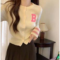 여성 B로고 크롭 골지 가디건 라운드넥 슬림핏