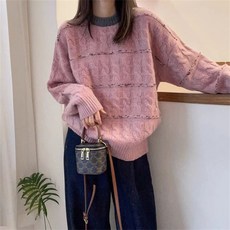 besteffie 여성용 가을 겨울 긴팔 라운드넥 패턴 니트 스웨터 K18