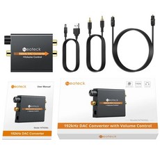 Neoteck DAC 192Khz 디지털 아날로그 광 동축 스테레오 L/R RCA 3.5mm 잭 오디오 컨버터 어댑터 볼륨 조절, [01] Black, 01 Black - zendacair