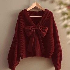 버건디 니트 겨울 여성 와인색 브이넥 리본, 상세페이지 참고