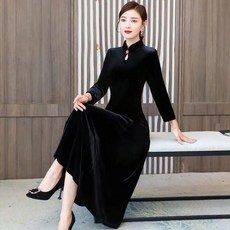 황금벨벳 스커트 봄 · 가을 청삼 팽팽한 허리 여성 뒤덮은 배 원피스 긴 청삼 트렌디 원피스