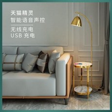 북유럽 스탠드풍 거실 침대 끝 USB 무선충전 경량 소파 사이드 티기립 스탠, 06 골드+모조 대리석면[리모트 블루투스]