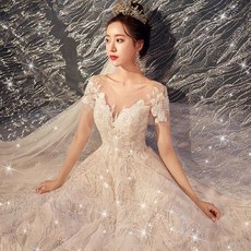 브이넥 잔꽃 자수 펄 엠파이어 기본 본식 웨딩 드레스