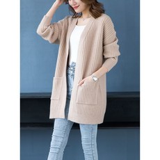 FEIJUN 여성 봄가을 긴소매 니트 루즈핏 하프 포켓 무버튼 가디건 1141A