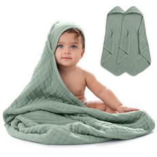 Comfy Cubs 아동용 베이비 후드 모슬린 면 타월 2팩 라지 81.3 x 81.3cm32 32인치 매우 부드럽고 따뜻하며 흡수력이 좋습니다. 아기 필수품 목욕 타월 여아, Fern, Pack of 1 - Baby