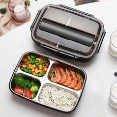 KORELAN인스타그램 레드 304 스테인리스 스퀘어 네모난 도시락 반찬통, 블랙 캡 블루, 3칸【1000ML】, 1개