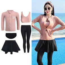 플러스 사이즈 여성 래시가드 스포츠 수영복 긴팔 스플릿 보수적인 서핑 다이빙 세트, Asian Size-4XL, Women 5Pcs
