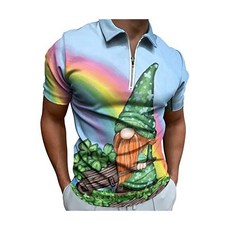 Generic 제네릭 남성 세인트 패트릭 폴로 셔츠 4분의 1 지퍼 반팔 골프 상의 웃긴 아일랜드 샴록 클로버 프린트 비즈니스 티셔츠