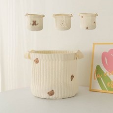 키밍 천 바구니 귀여운 누빔 원형 손잡이 수납 정리 파우치, 1개, 대형 곰머리