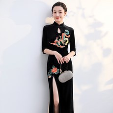 오직구 드레스원피스 이브닝원피스 블랙 벨벳 머메이드 치파오 이브닝드레스 리폼 판 여성 롱 타입 섹시 차이나 긴 소매