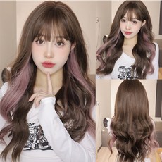 하이유니 핑크 시크릿투톤 웨이브 롱 헤어 통가발 65cm, 브라운+핑크 - 통가발+거치대+가발망