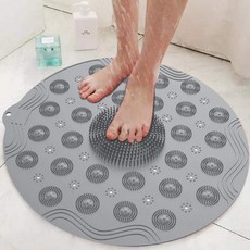 실리콘 샤워 매트 논-슬립 18" x 18" 라운드 욕실 매트(강력한 흡착판 포함) 및 배수 구멍 세척 가능 샤워 풋 패드(지렁이 세, 1