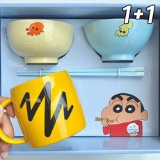 짱구 식기 세트 도자기 수저 국 밥 그릇 1+1, 도자기 타입1+1