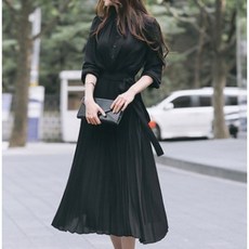 ANYOU 여성 슬림핏 치마 플리츠 롱 원피스
